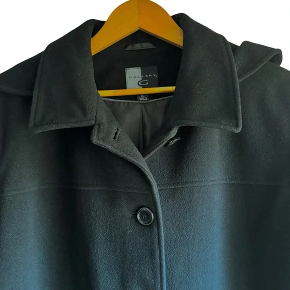 Gallery Wm’s XL Black Winter Coat 80% Wool Single Breast Detachable Hood - Picture 3 of 13